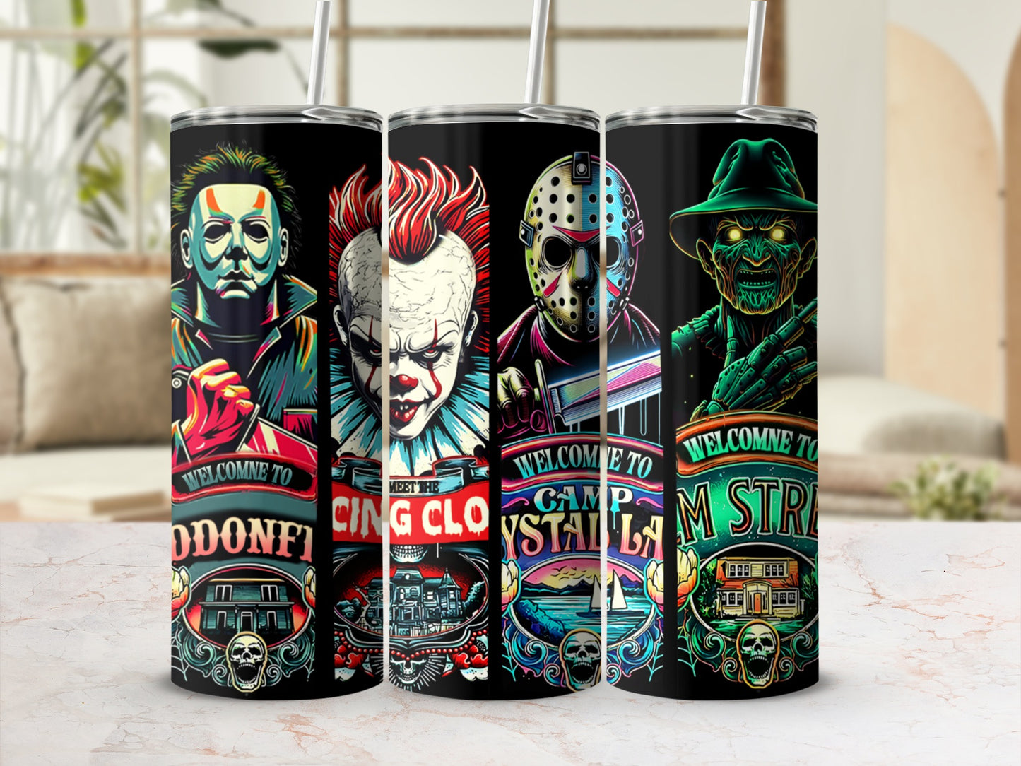 Four tumblers featuring horror movie characters and themed text.