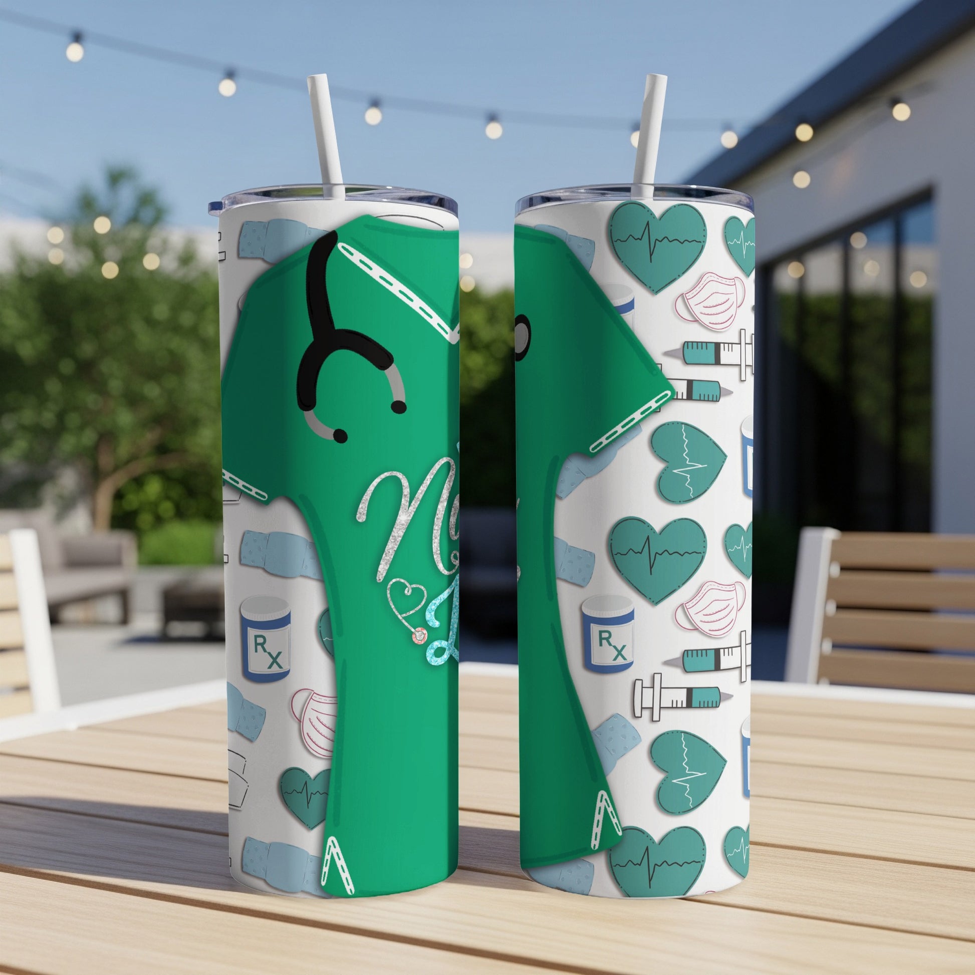 Green tumbler with nurse-themed medical icons and "Nurse" text.