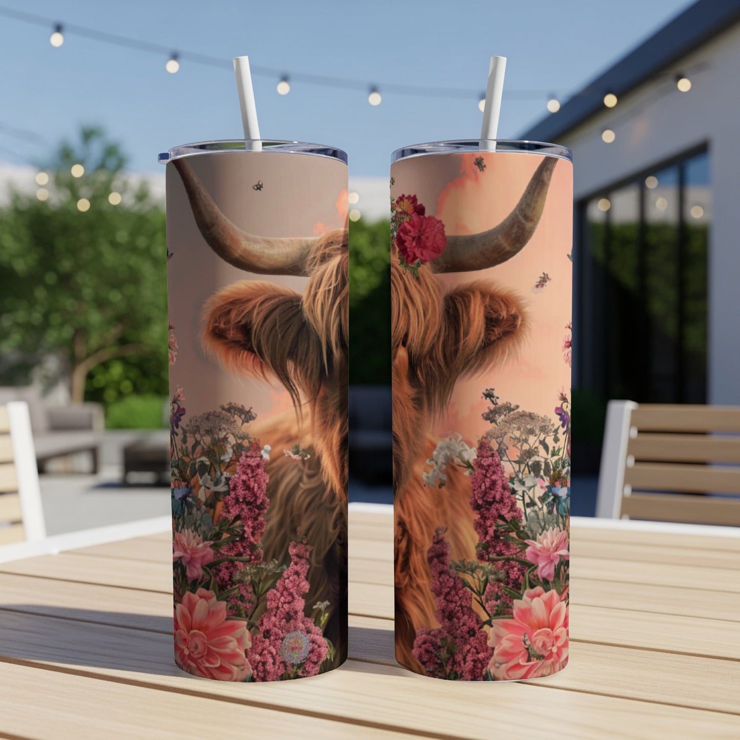 Highland cow with floral accents on two tumblers on an outdoor table.
