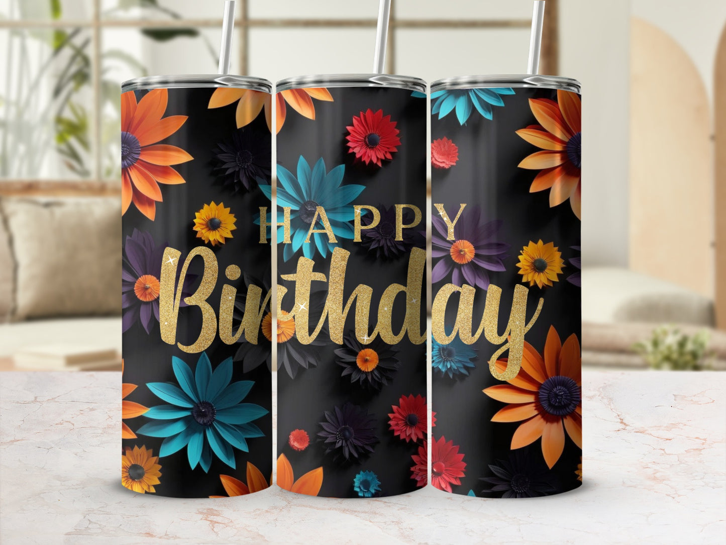 Happy Birthday tumbler with colorful floral design.