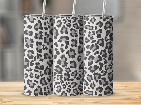 Three tumblers with a grey and black leopard print pattern.