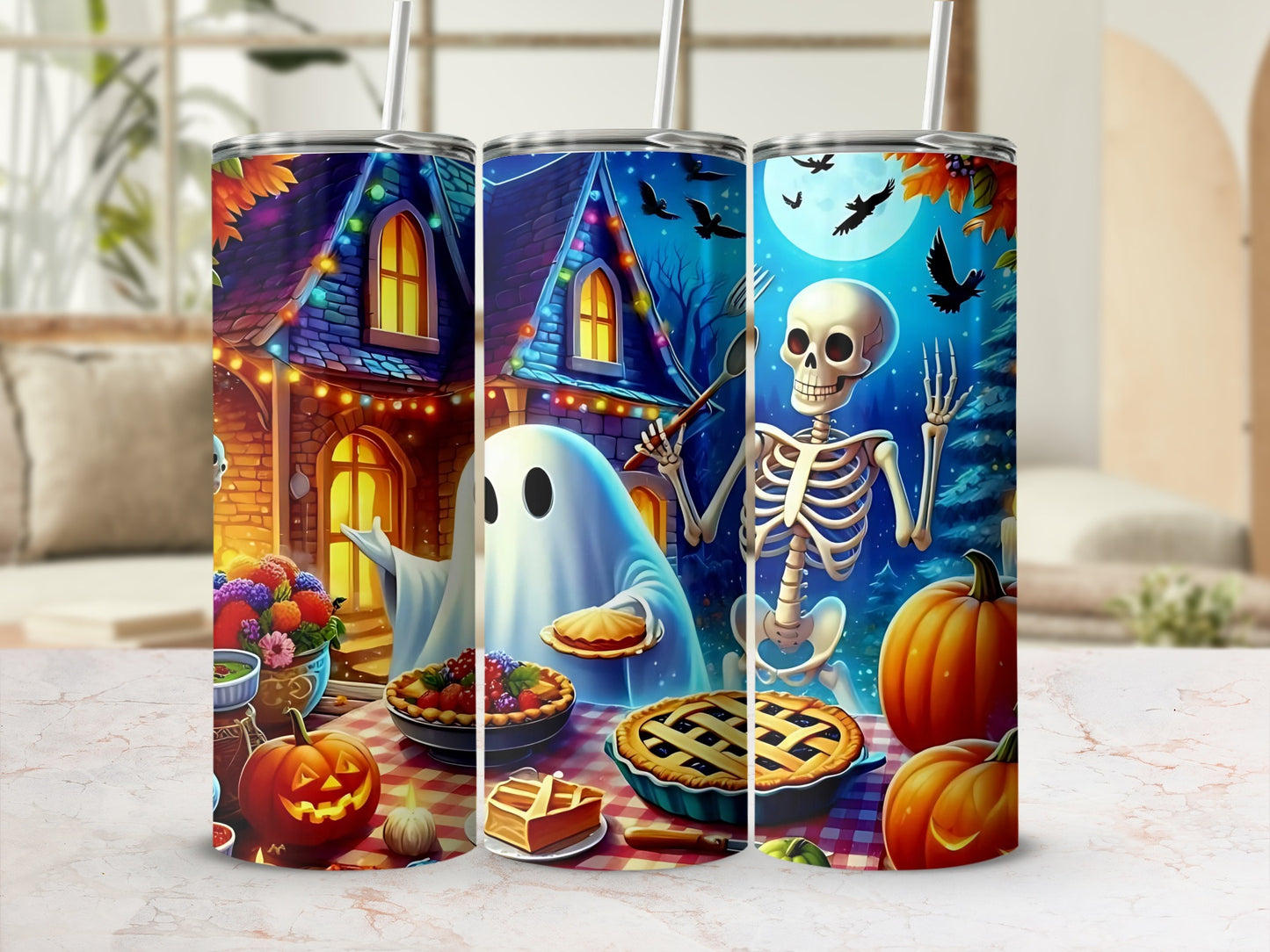 Halloween tumblers with ghost, skeleton, pumpkins, pies, and haunted house graphics.