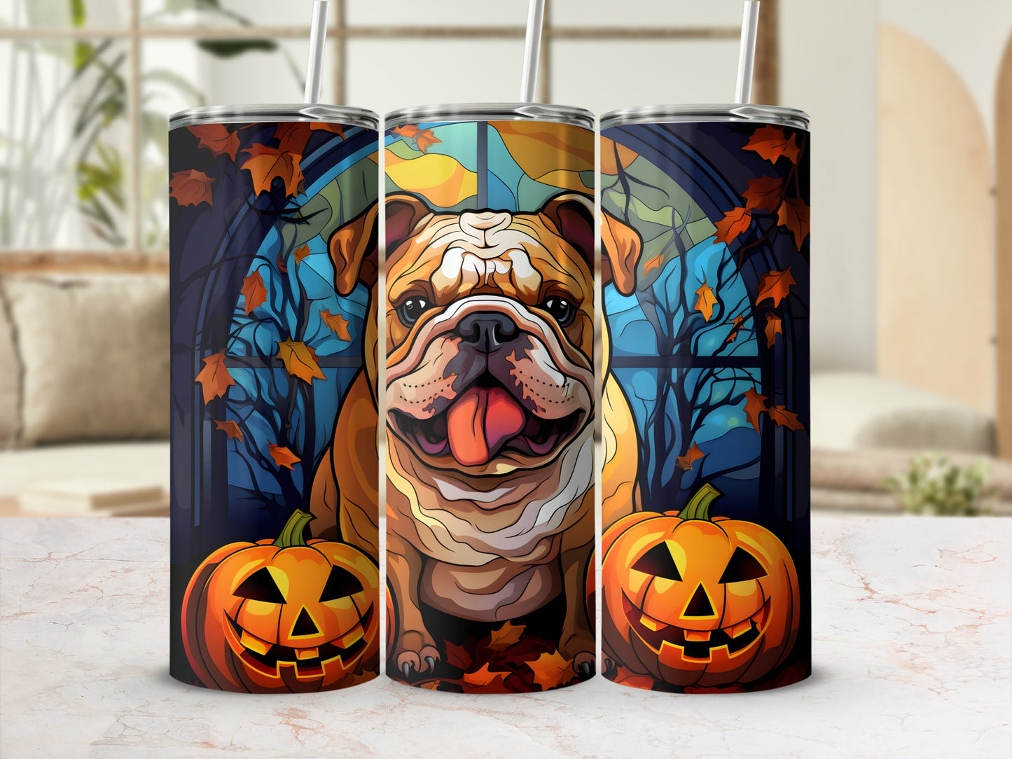 Three tumblers decorated with a bulldog and jack-o'-lanterns in a fall scene.