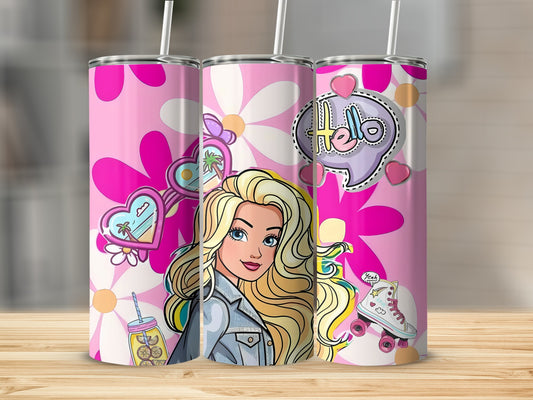 Cartoon Blonde Girl with Floral Design Tumbler