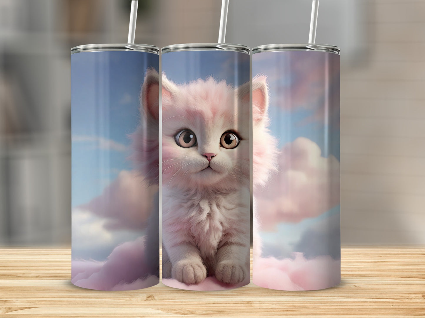 Fluffy pink kitten with large eyes sits among clouds on a tumbler.
