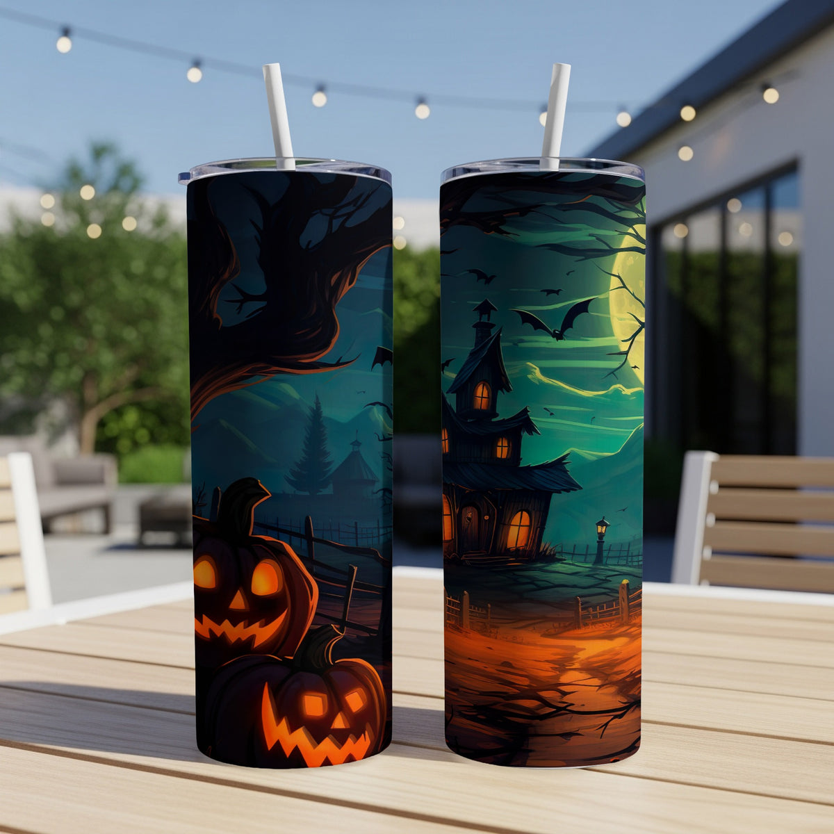 Two tumblers with Halloween scenes, featuring carved pumpkins and a haunted house.