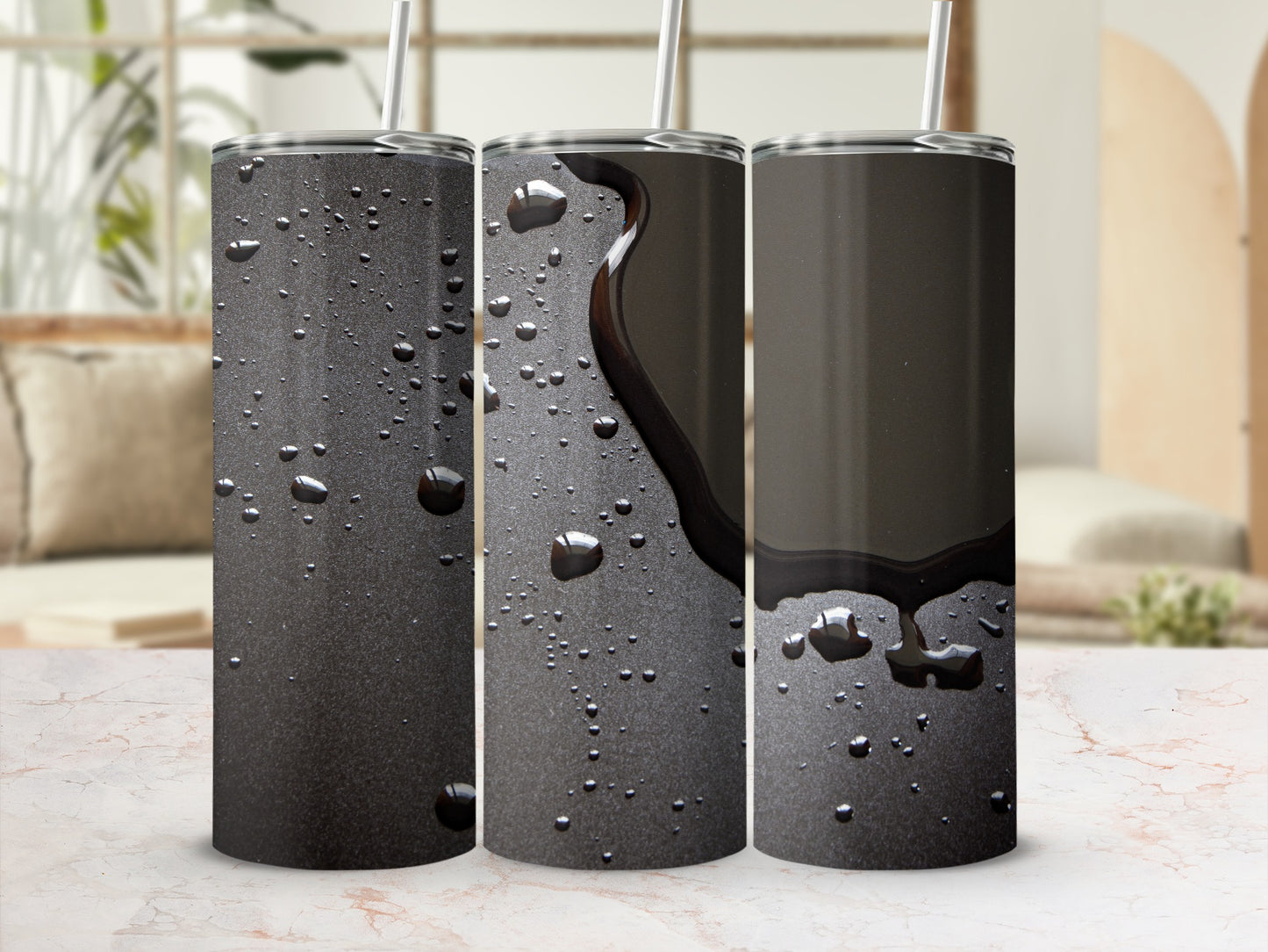 Three dark tumblers with water droplets and oil spill effect.