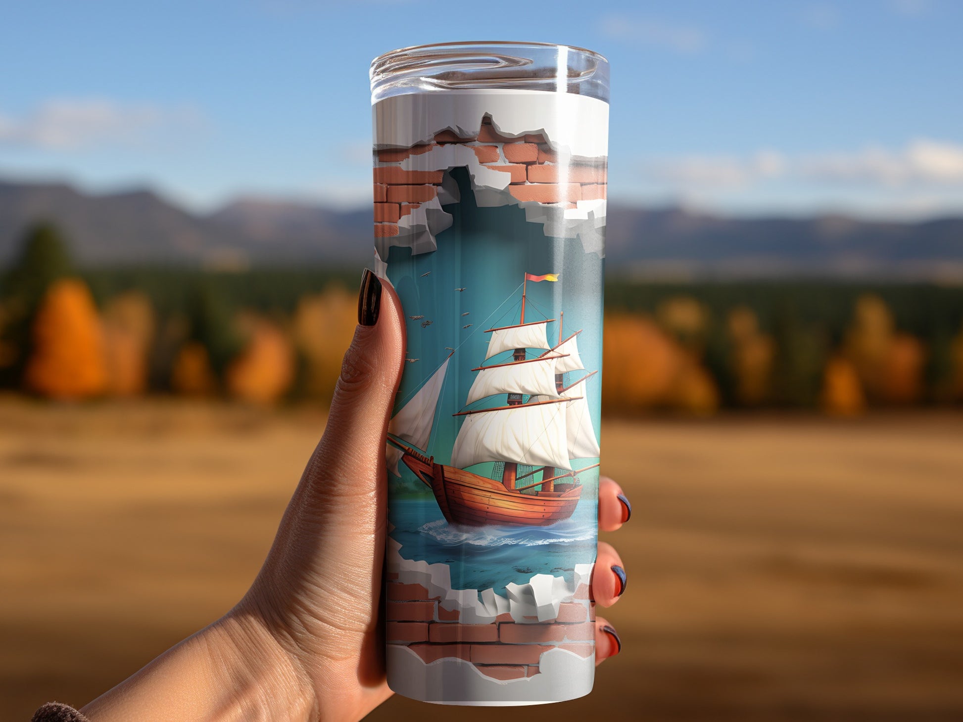 Sailing Ship Breaking Through Wall Travel Tumbler