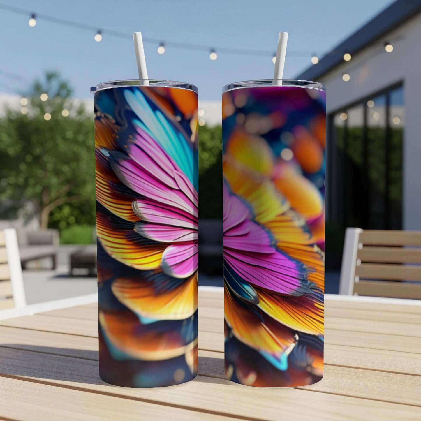 Two colorful abstract floral design tumblers with straws on a wooden table.
