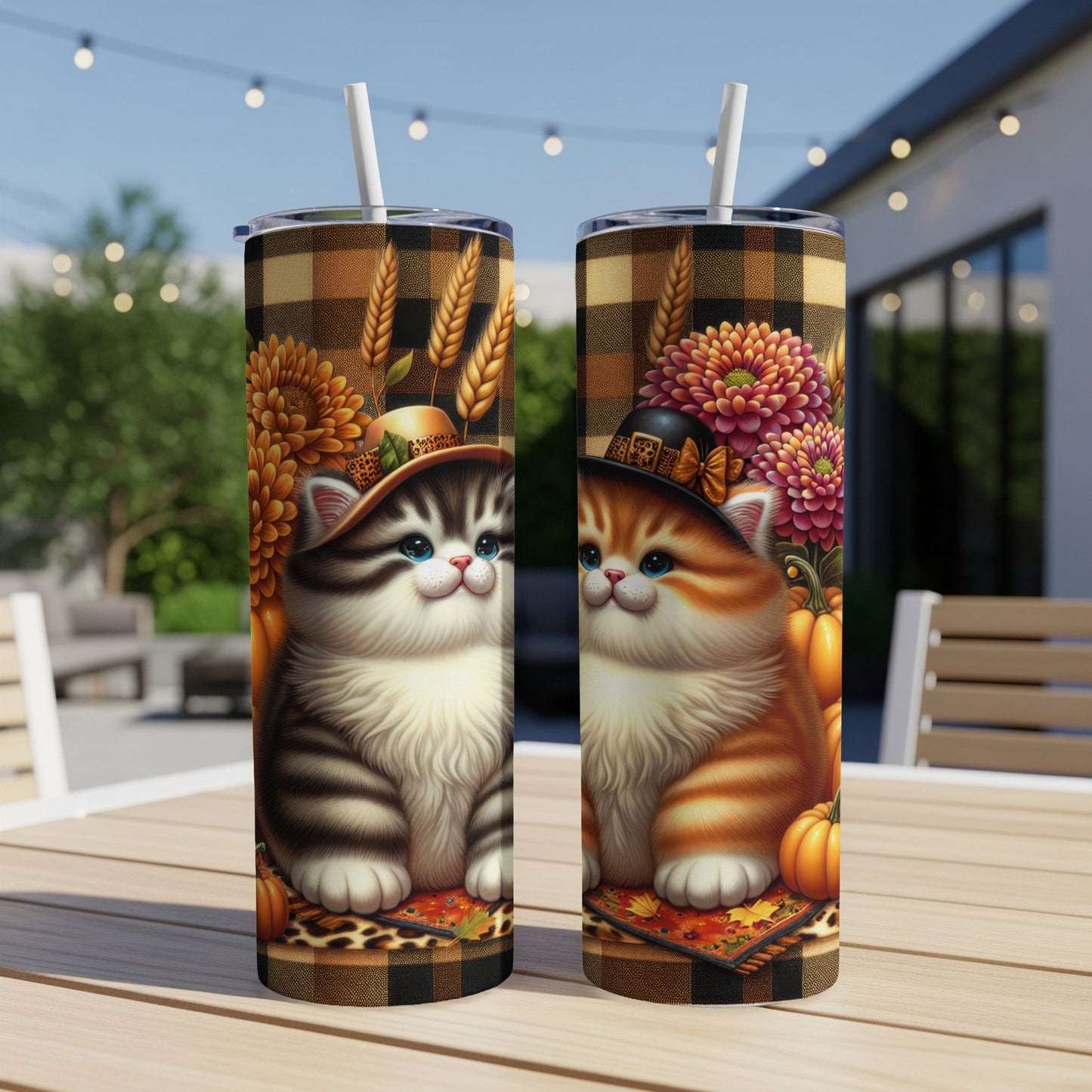 Two cat tumblers with fall designs, featuring kittens wearing hats.