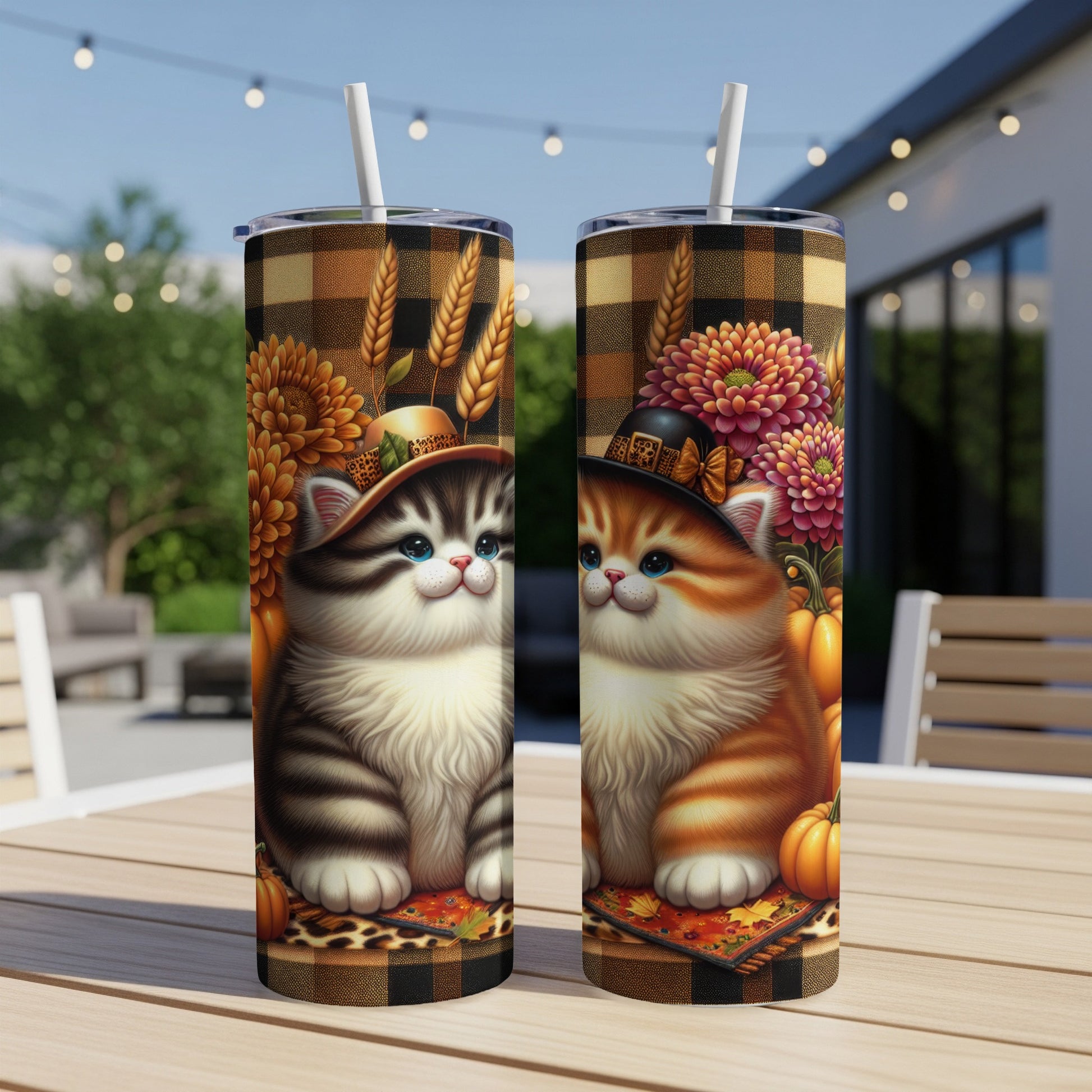 Two cat tumblers with fall designs, featuring kittens wearing hats.