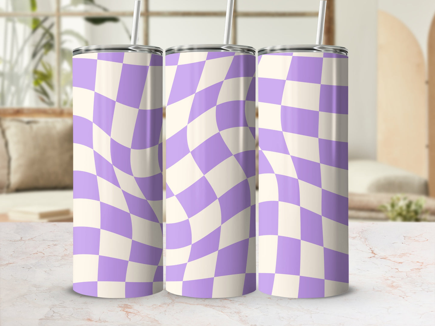 Two tall tumblers with a warped checkerboard pattern of purple and white.