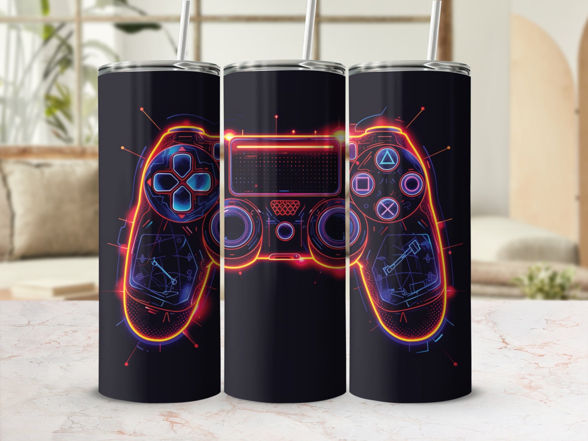 Gaming controller design on a black tumbler with straws.