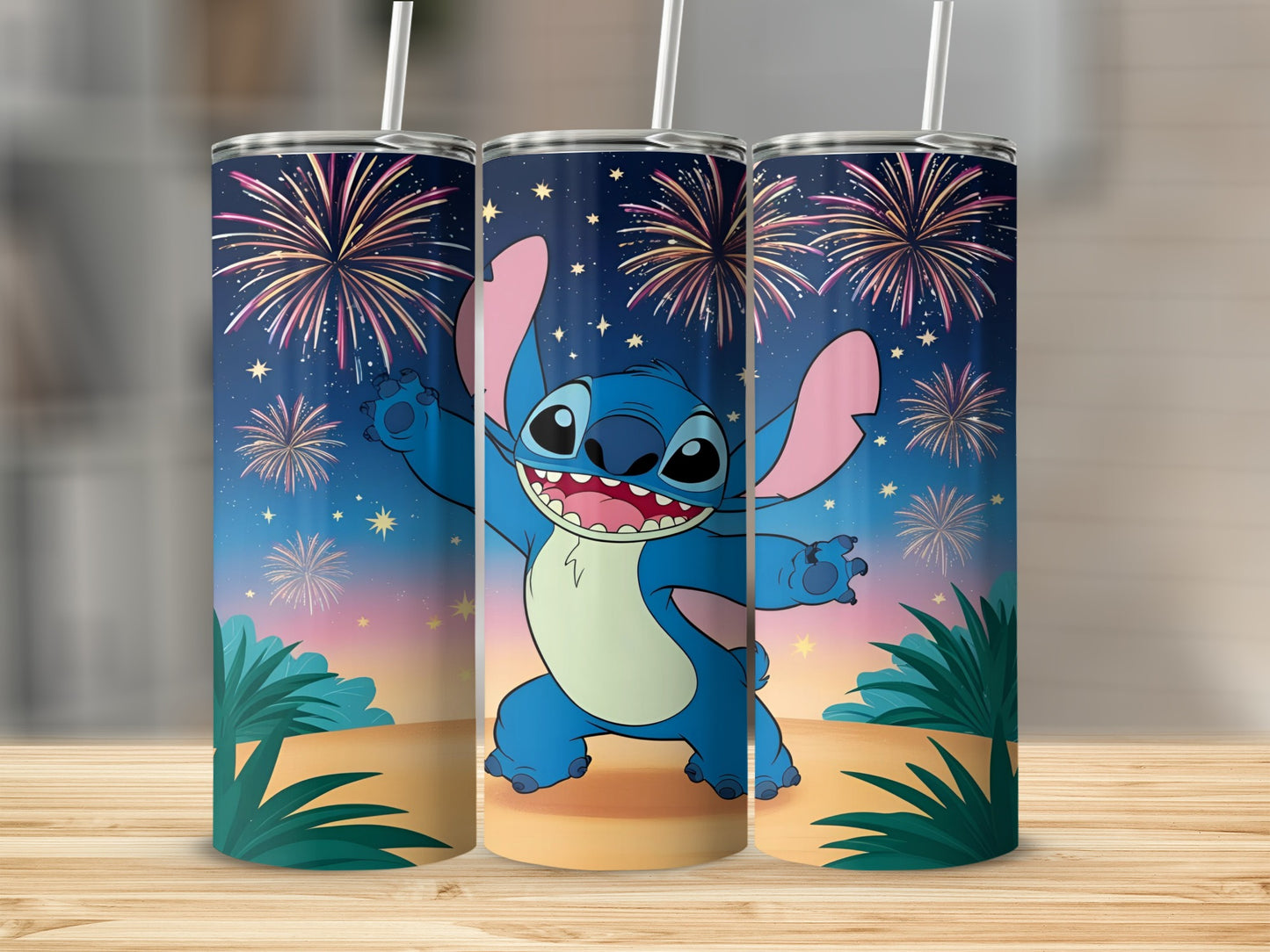 Three Stitch tumblers with fireworks and palm trees.