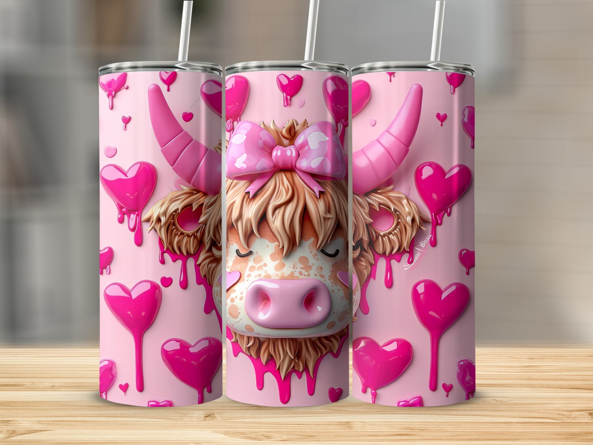 Pink highland cow tumbler with hearts and bow.