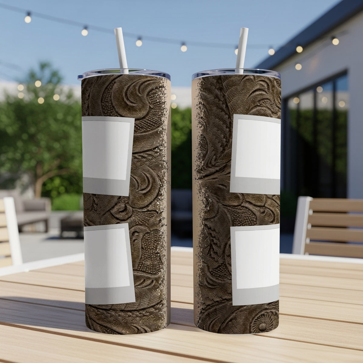 Two tumblers with brown embossed western design and white label placeholders.