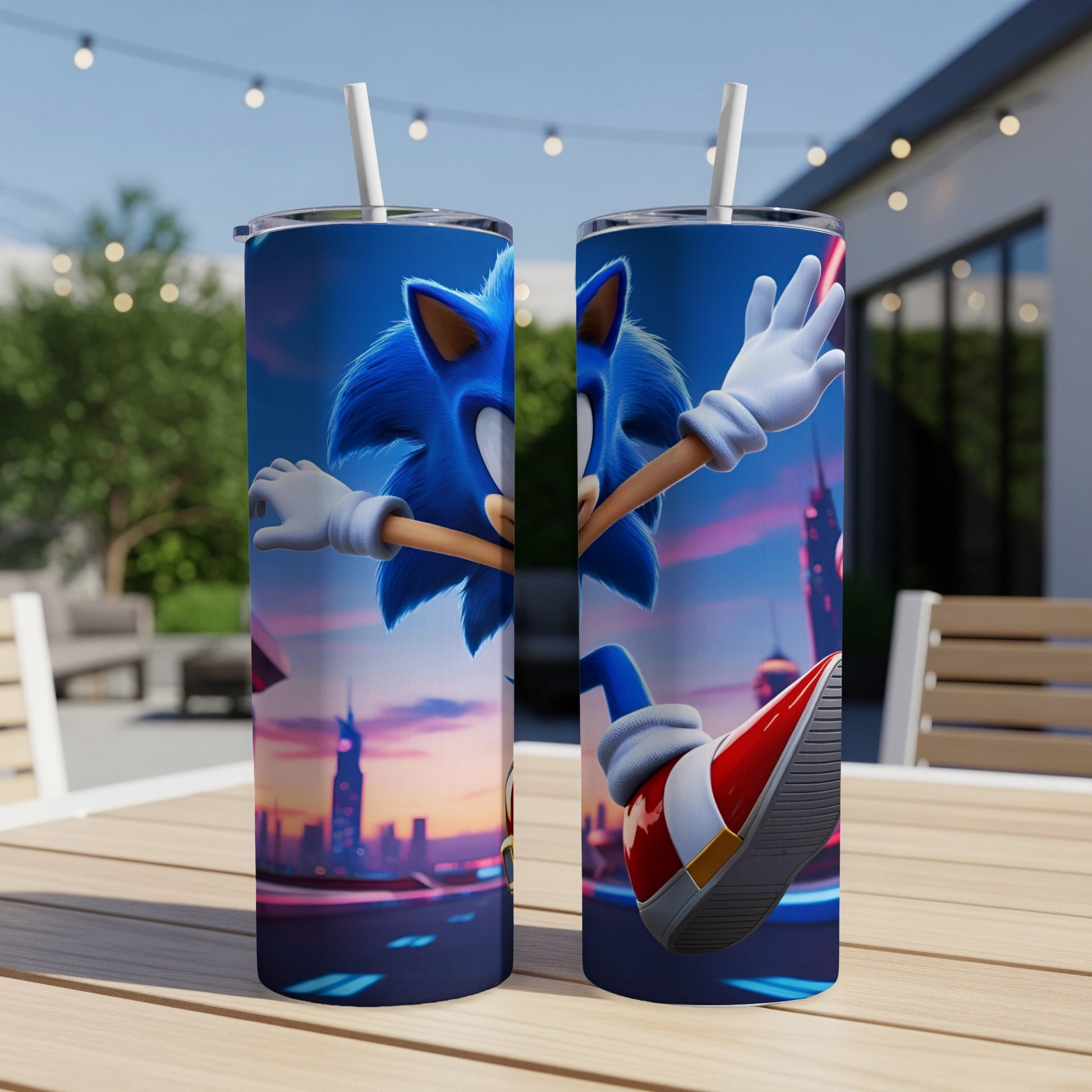 Sonic the Hedgehog action pose on a futuristic city background tumbler.