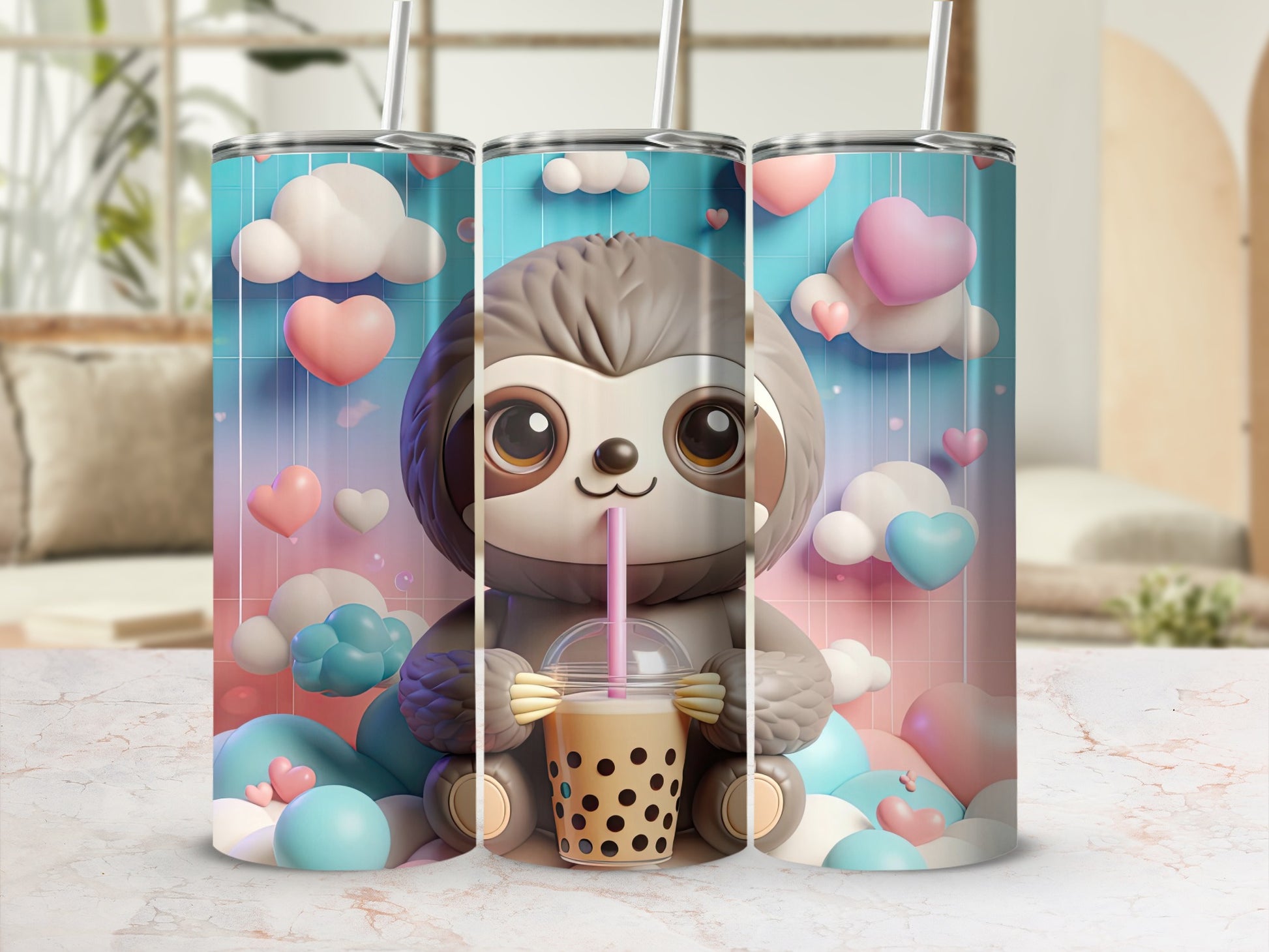 Cute cartoon sloth with bubble tea, surrounded by clouds and hearts.