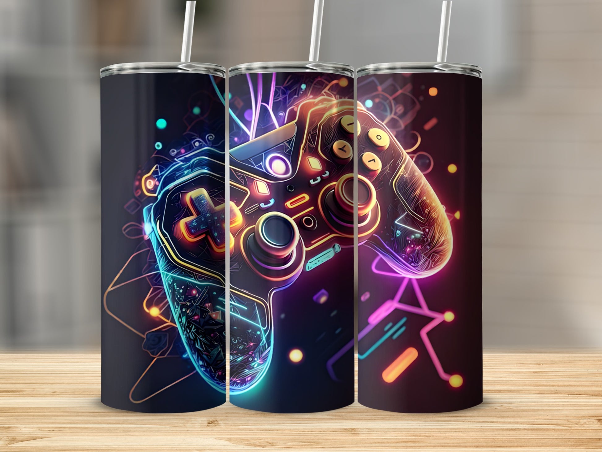 Three tumblers featuring a neon abstract video game controller design.