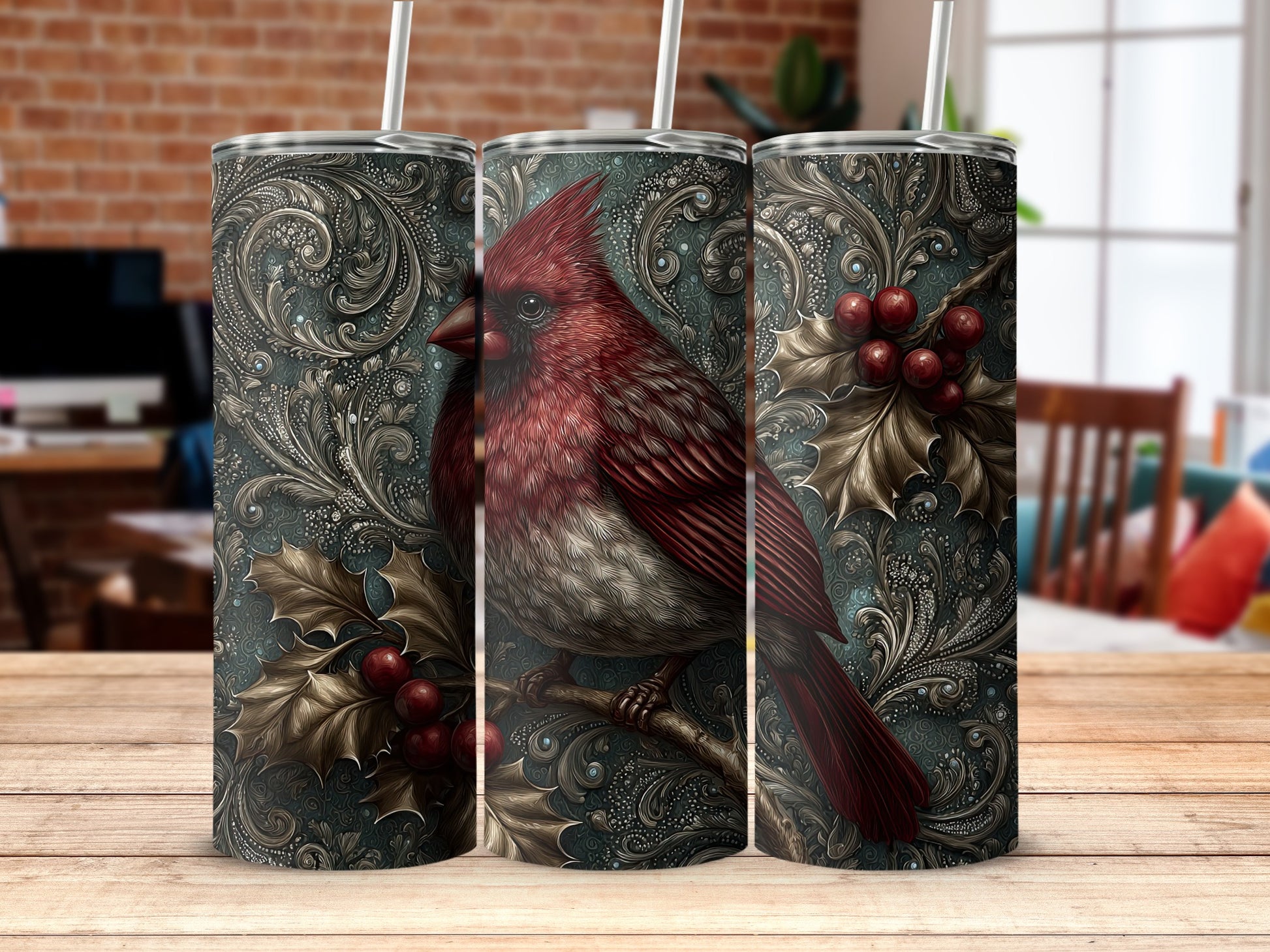 Elegant Cardinal and Holly Graphic Tumbler Design