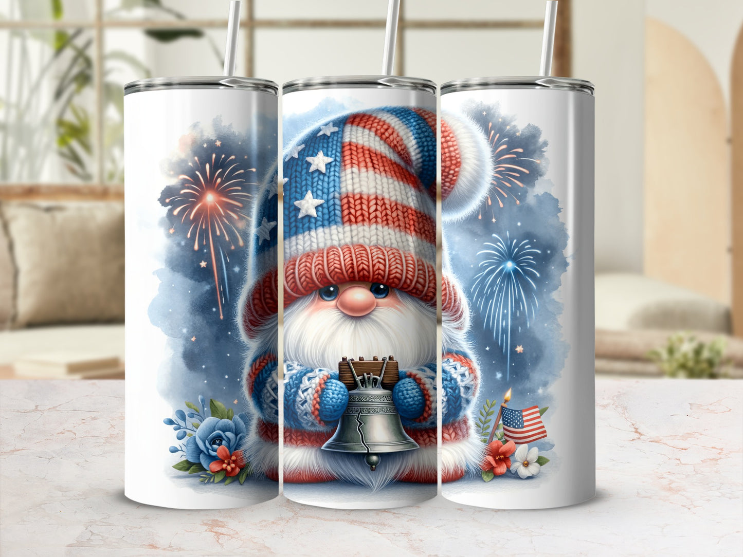 Gnome with American flag hat and bell, surrounded by fireworks and flowers.
