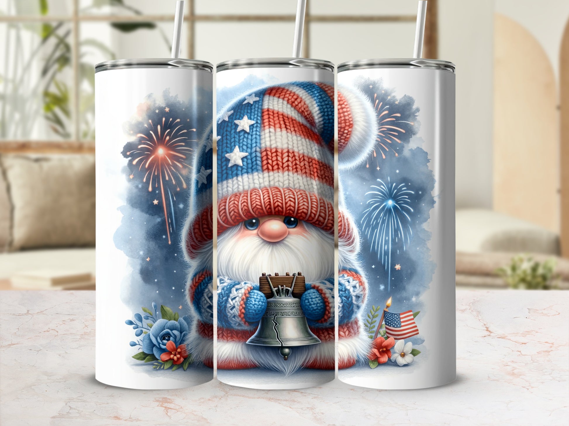 Gnome with American flag hat and bell, surrounded by fireworks and flowers.