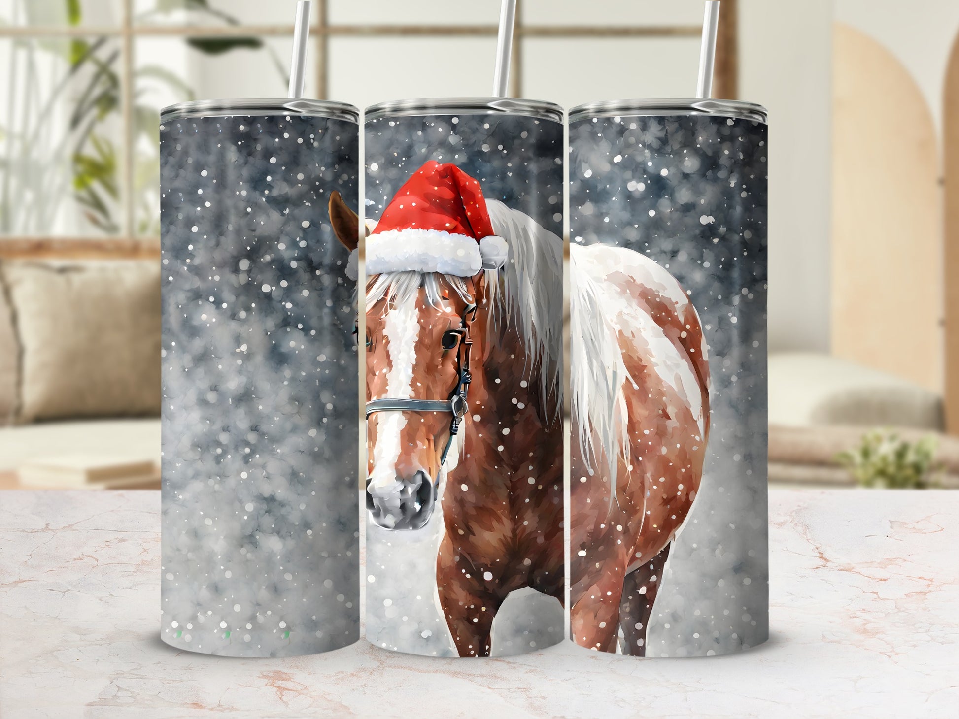 Horse wearing a Santa hat surrounded by falling snow.