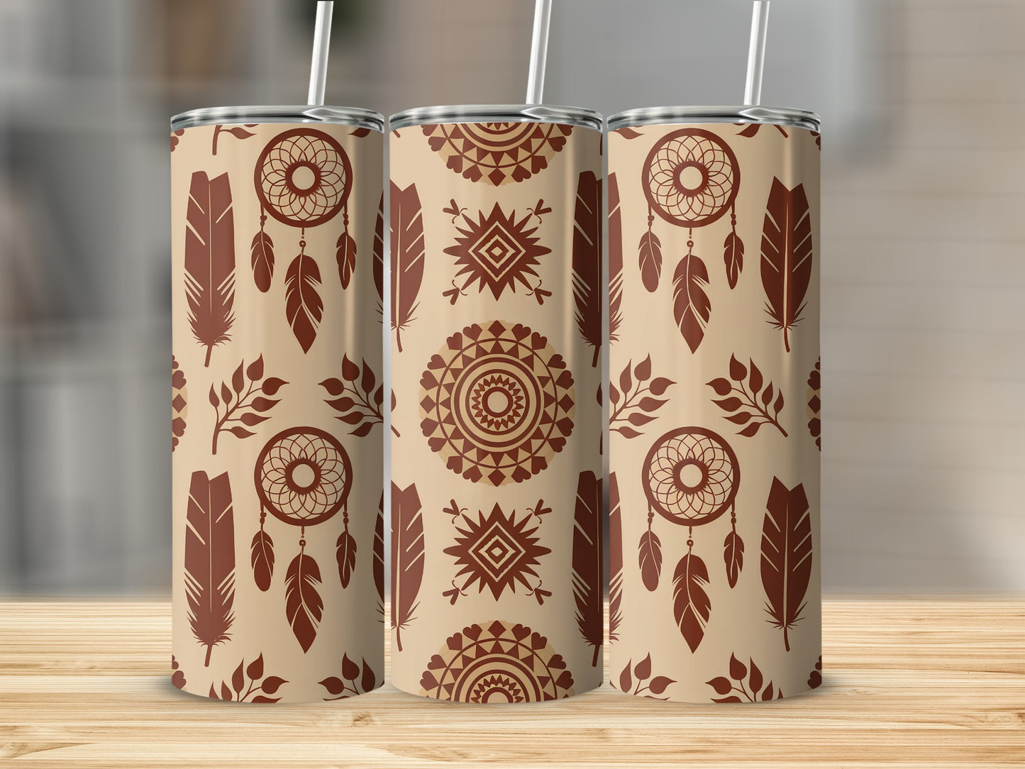 Three tumblers with a tribal dreamcatcher and feather pattern.