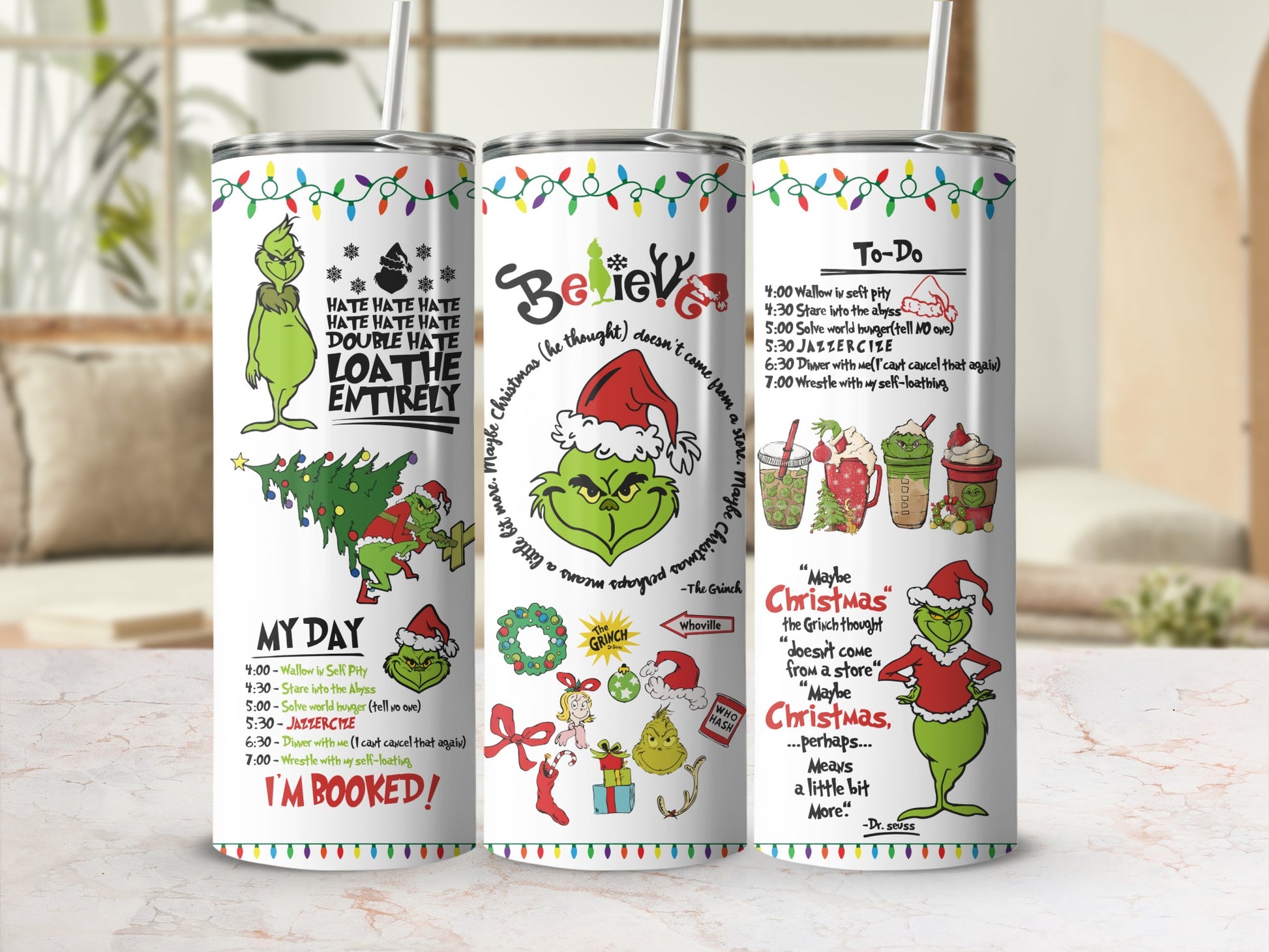 The Grinch themed tumbler with "My Day" and "To-Do" lists from the movie.