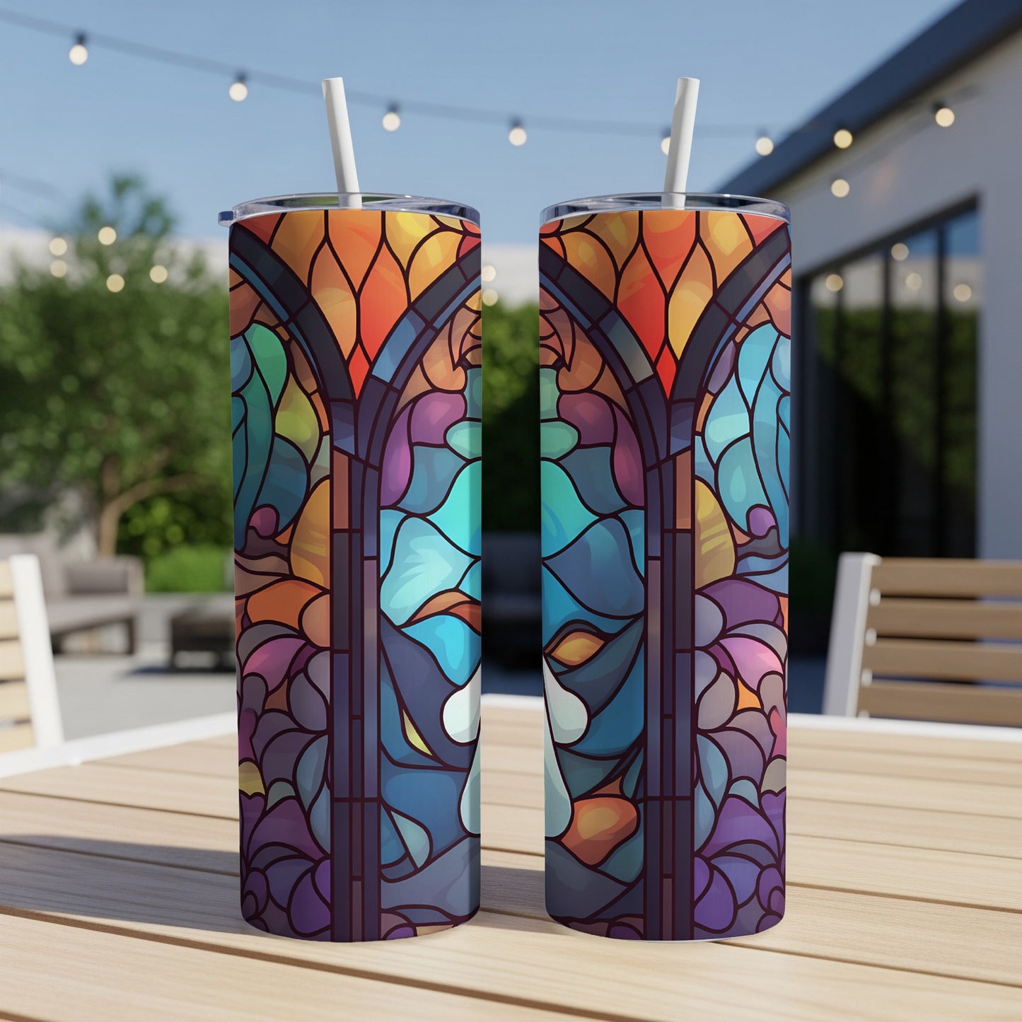 Two stained glass tumblers with colorful floral designs on a wooden table.