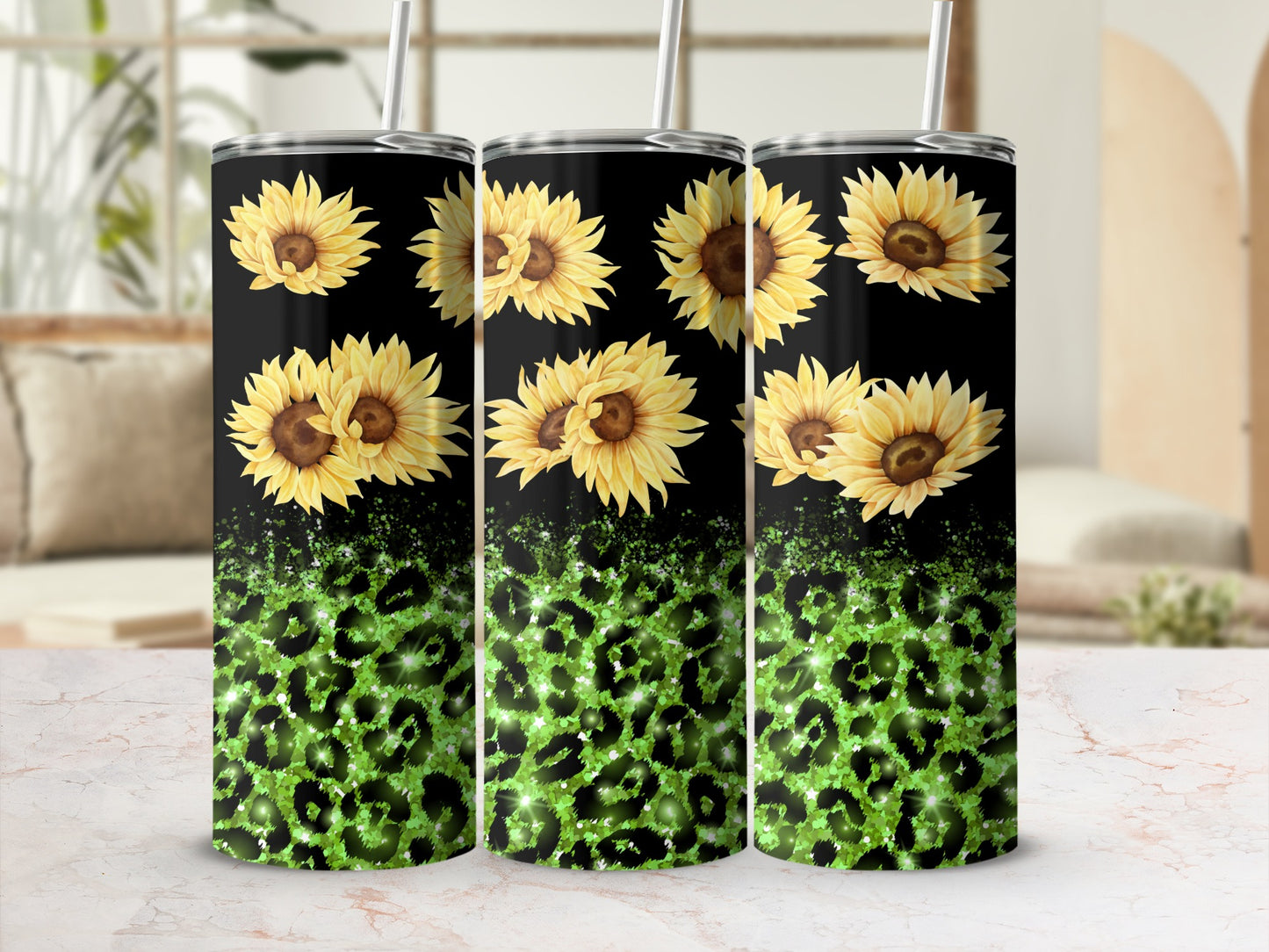 Sunflower and green leopard print tumbler with black background.