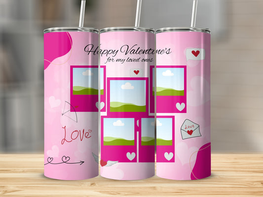 Pink tumbler with a collage of empty photo frames and Valentine's Day graphics.