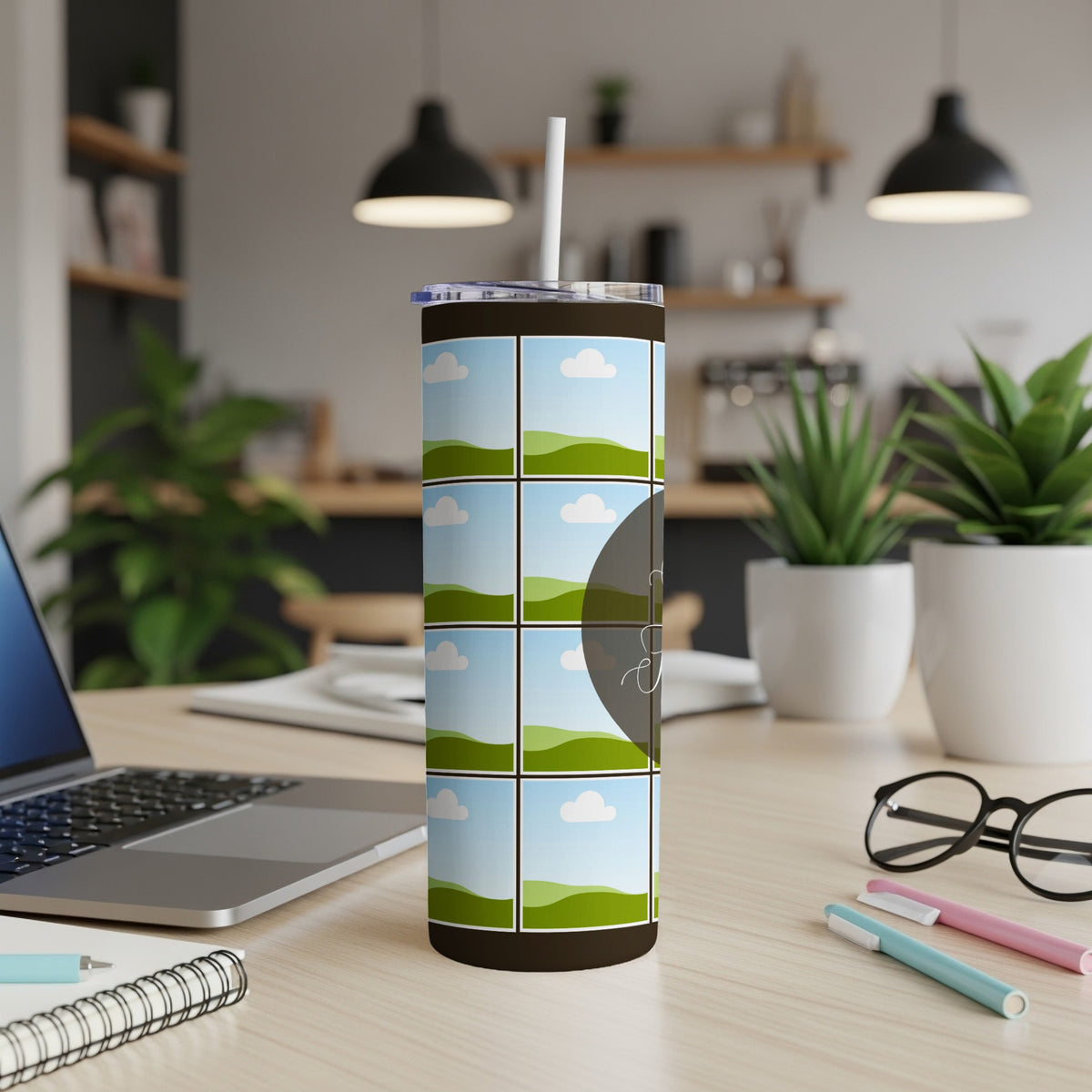 Tumbler with a grid of landscape photos and a dark circular graphic.