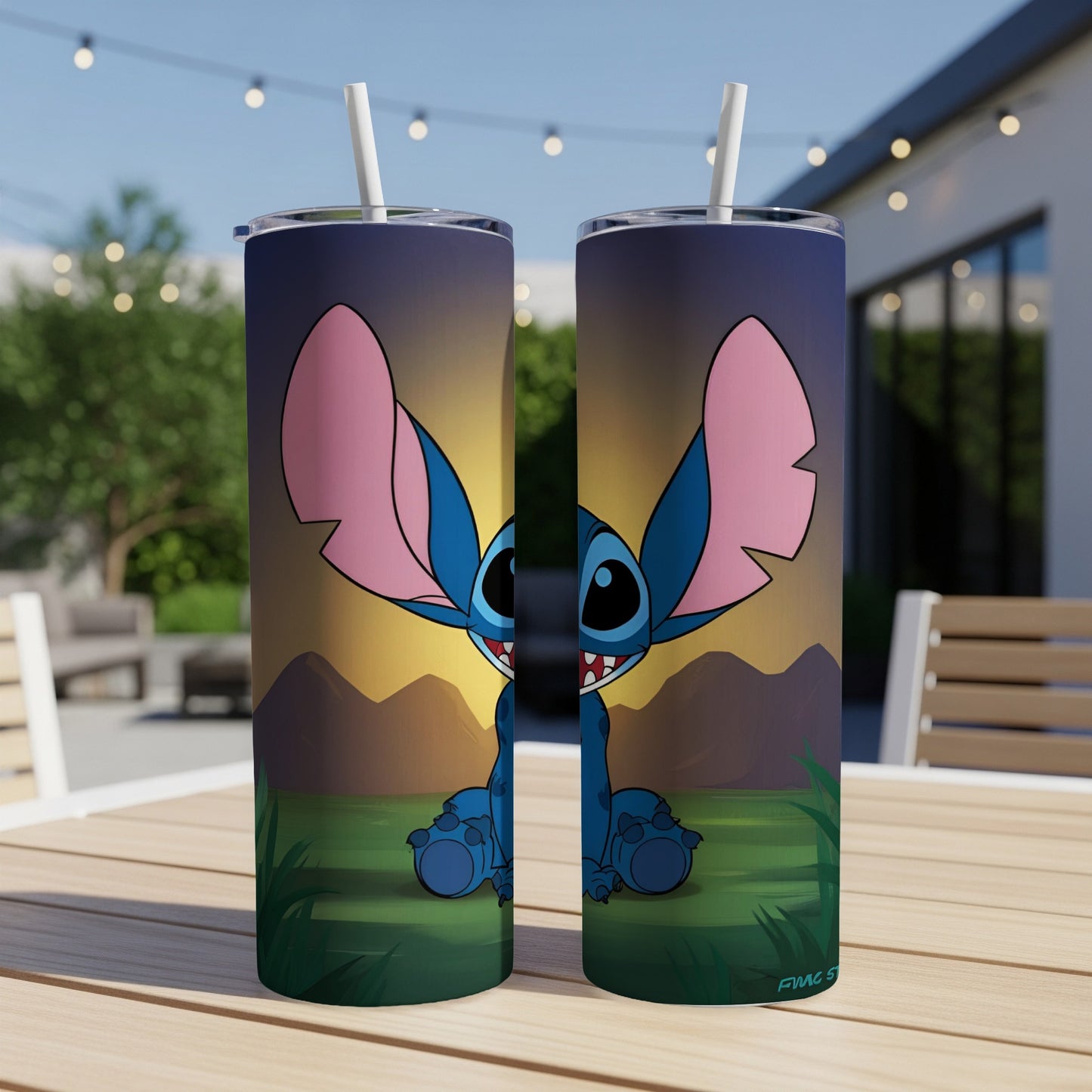 Stitch character from Disney's Lilo & Stitch on a blue tumbler with straw.