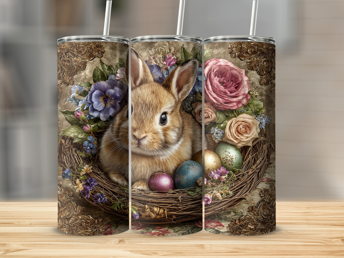 Adorable Bunny Floral Wreath and Easter Eggs Tumbler