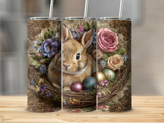 Adorable Bunny Floral Wreath and Easter Eggs Tumbler