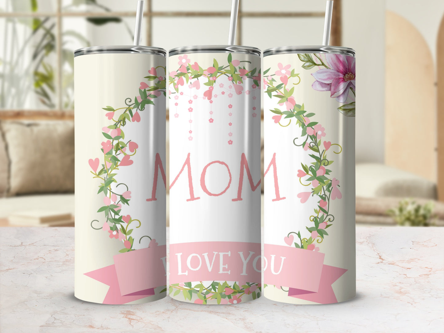 Mom I Love You Flower Design Tumbler Cup