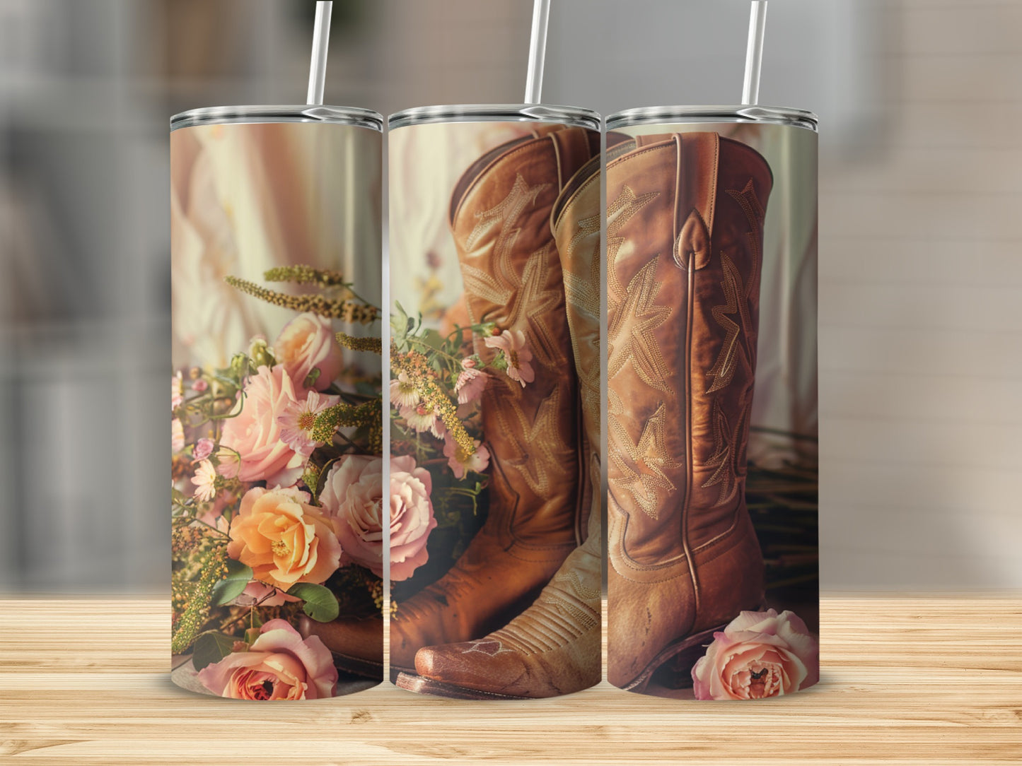 Brown cowboy boots with bouquet of pink roses and delicate flowers.