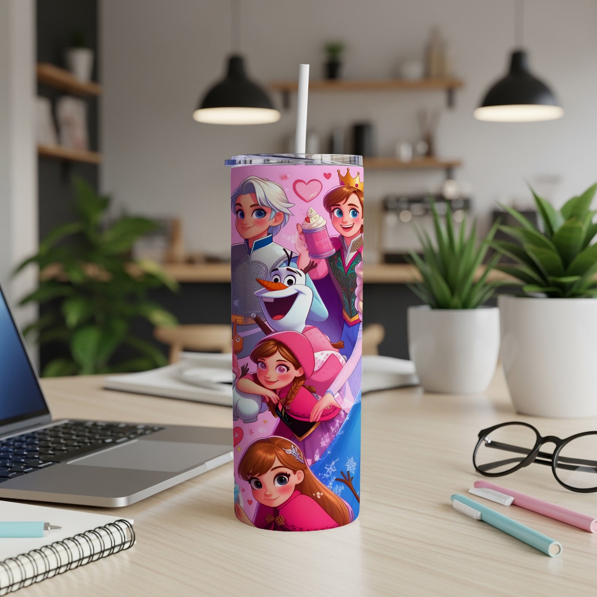 Frozen characters Elsa, Anna, Olaf, and Kristoff on a pink tumbler.
