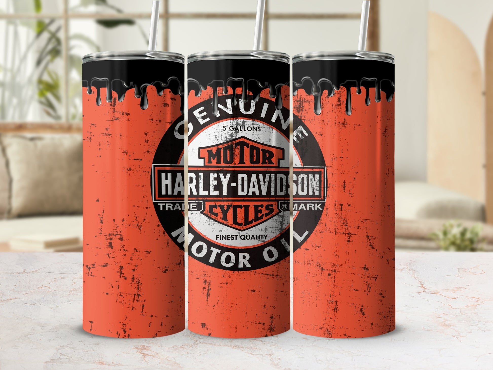 Orange tumbler with Harley-Davidson "Motor Oil" graphic and black liquid drips.