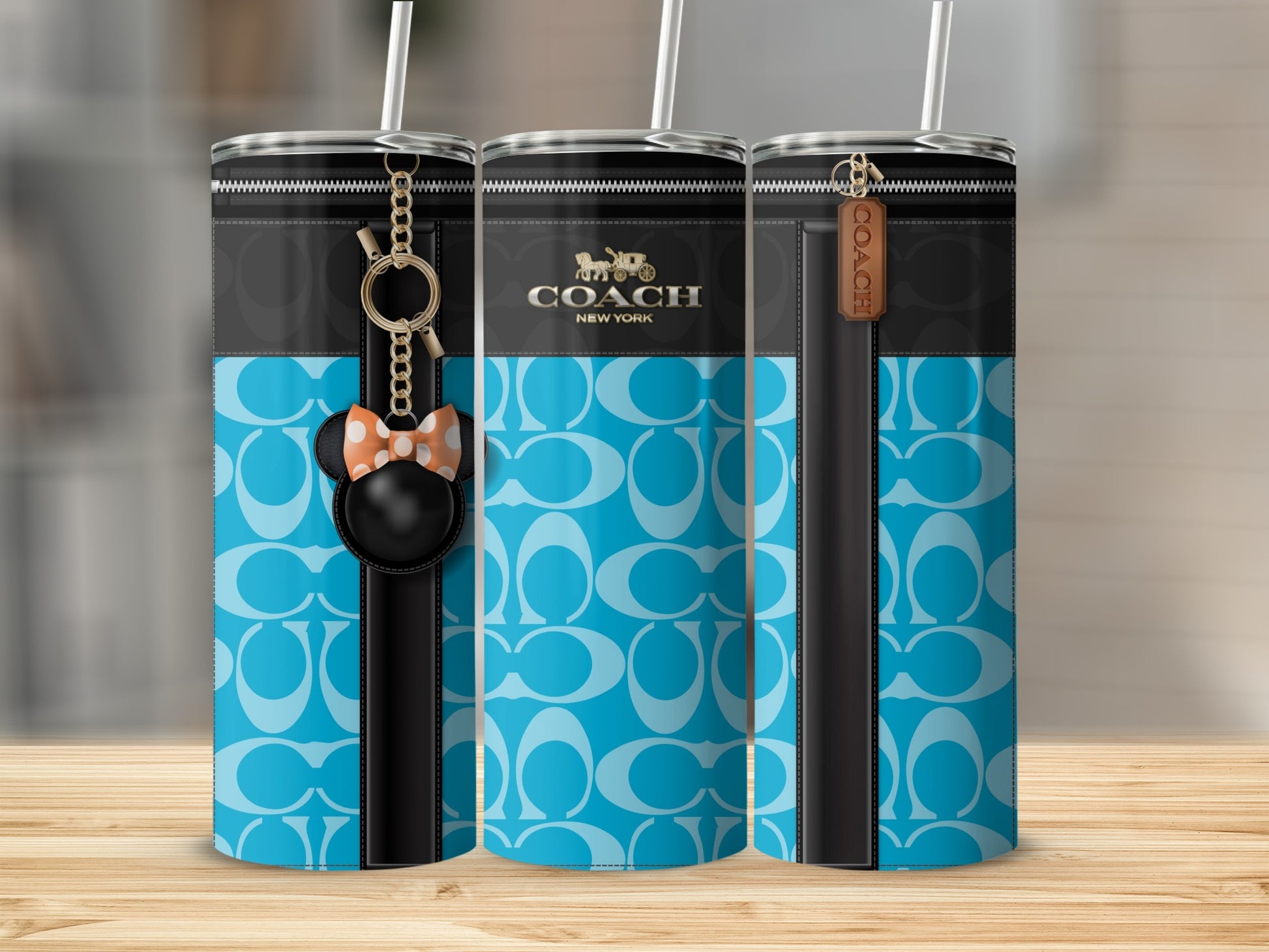 Stylish Blue Coach Design Tumbler with Keychain Accessory