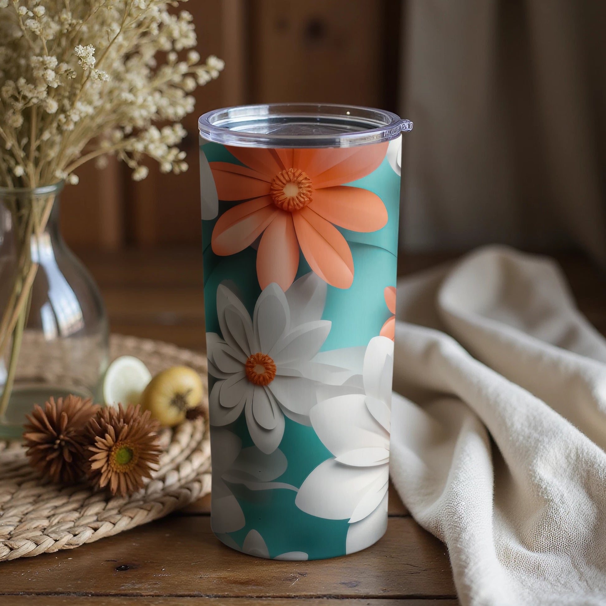 Floral Print Tumbler with Orange and White Flowers Design