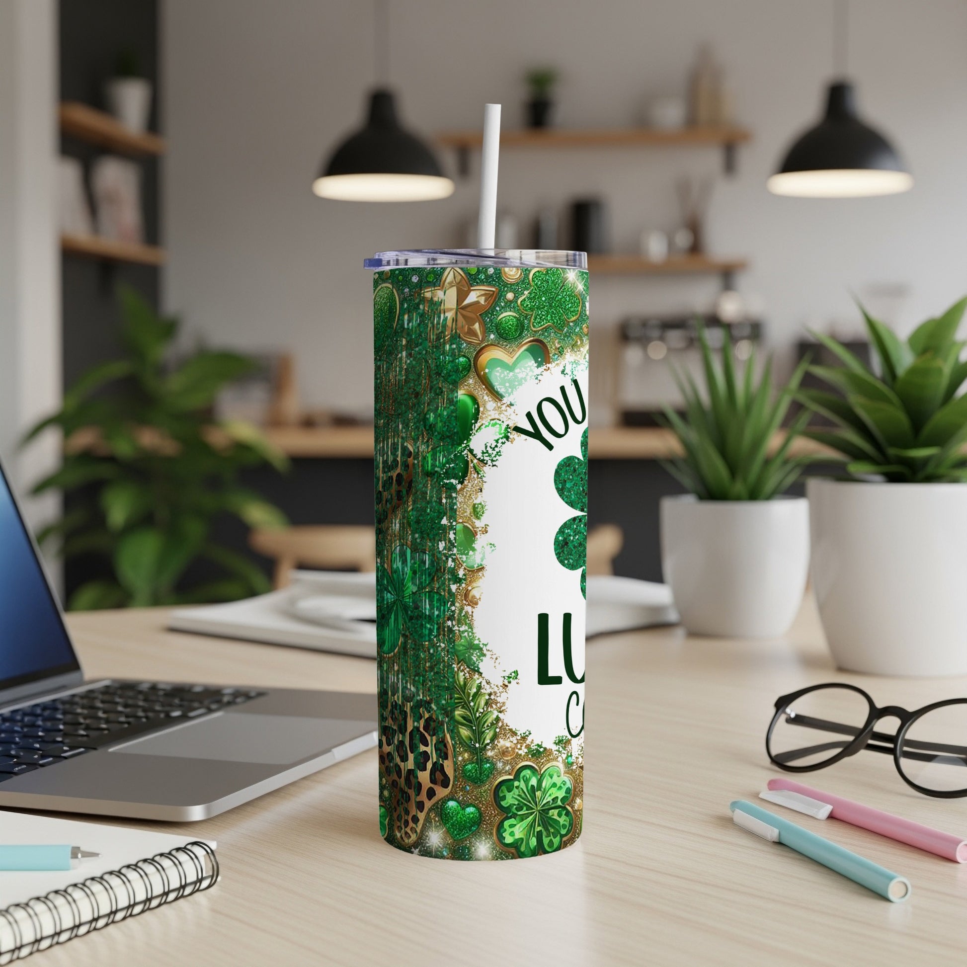 Green tumbler with shamrocks and leopard print, "You lucky clover" text.