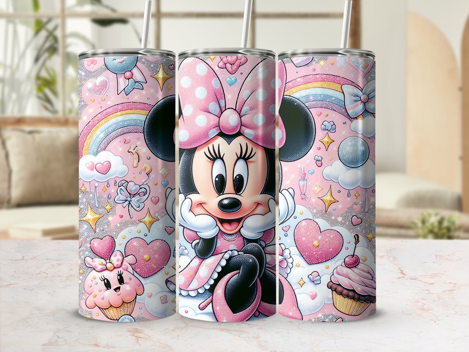 Pink Minnie Mouse Themed Tumbler with Cute Cupcakes