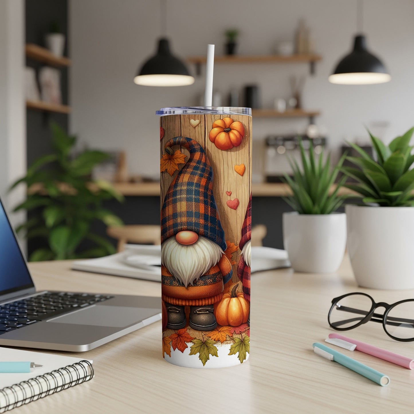 Fall gnome tumbler with pumpkins, plaid, and autumn leaves design.