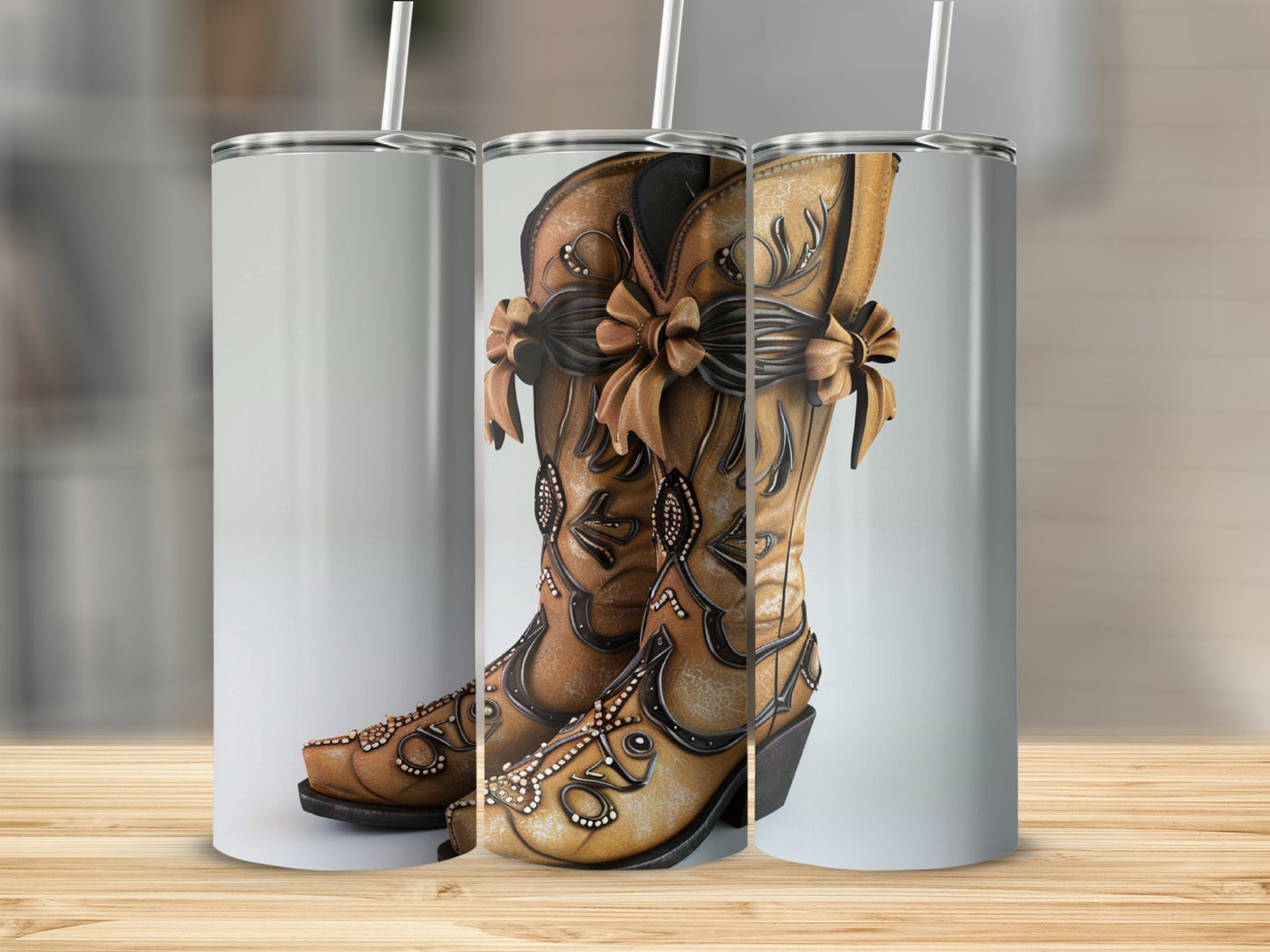 Two tan cowboy boots with decorative stitching and bows, presented as a tumbler design.