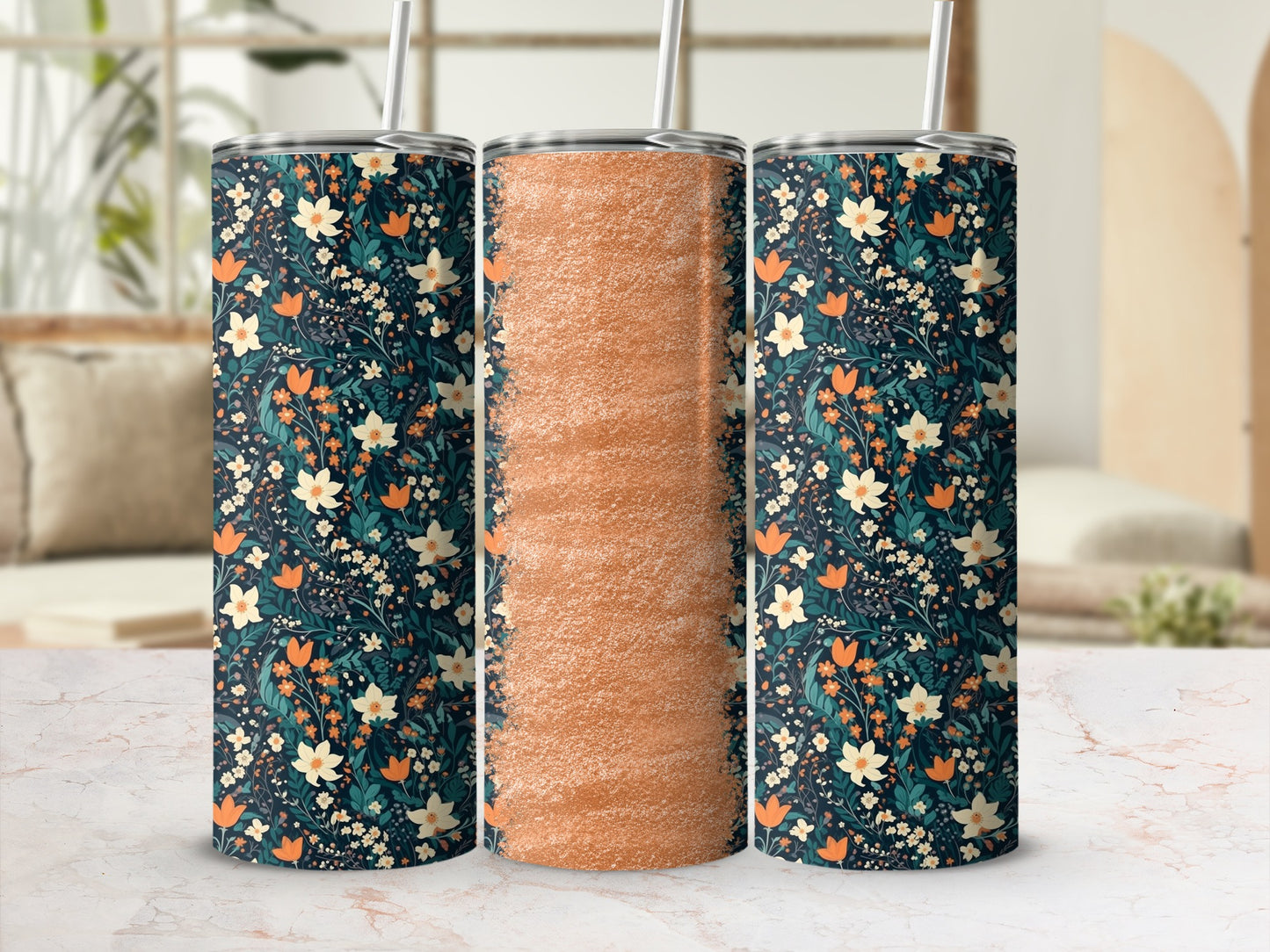 Three tumblers with floral patterns and one with textured orange.