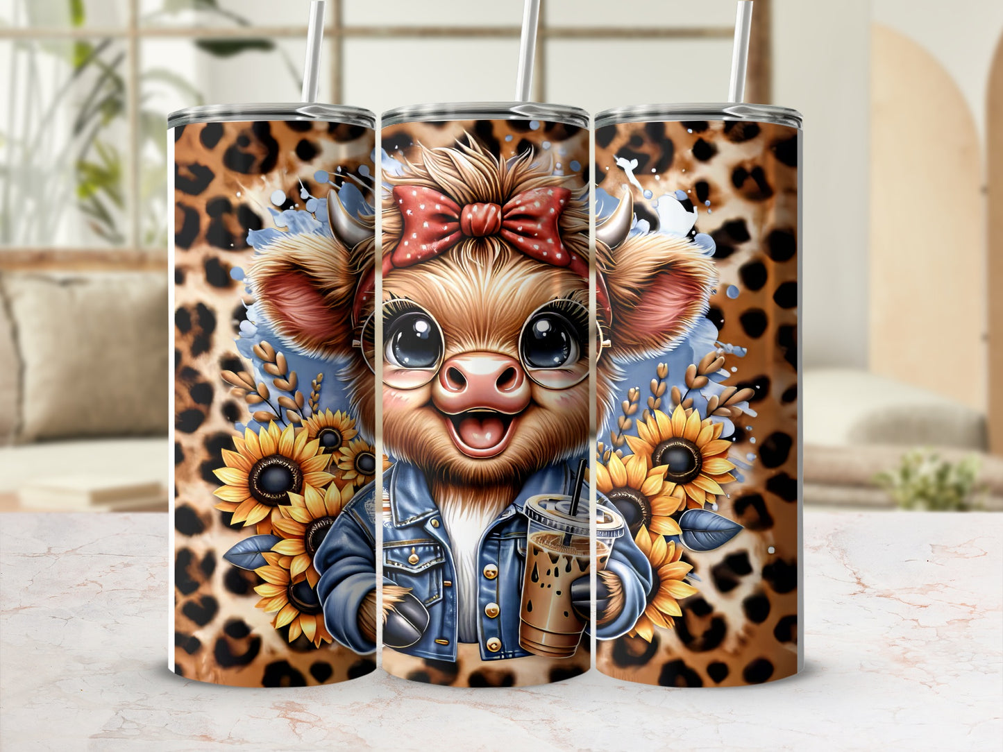 Cute cow with sunflowers and iced coffee, wearing denim jacket and bow.