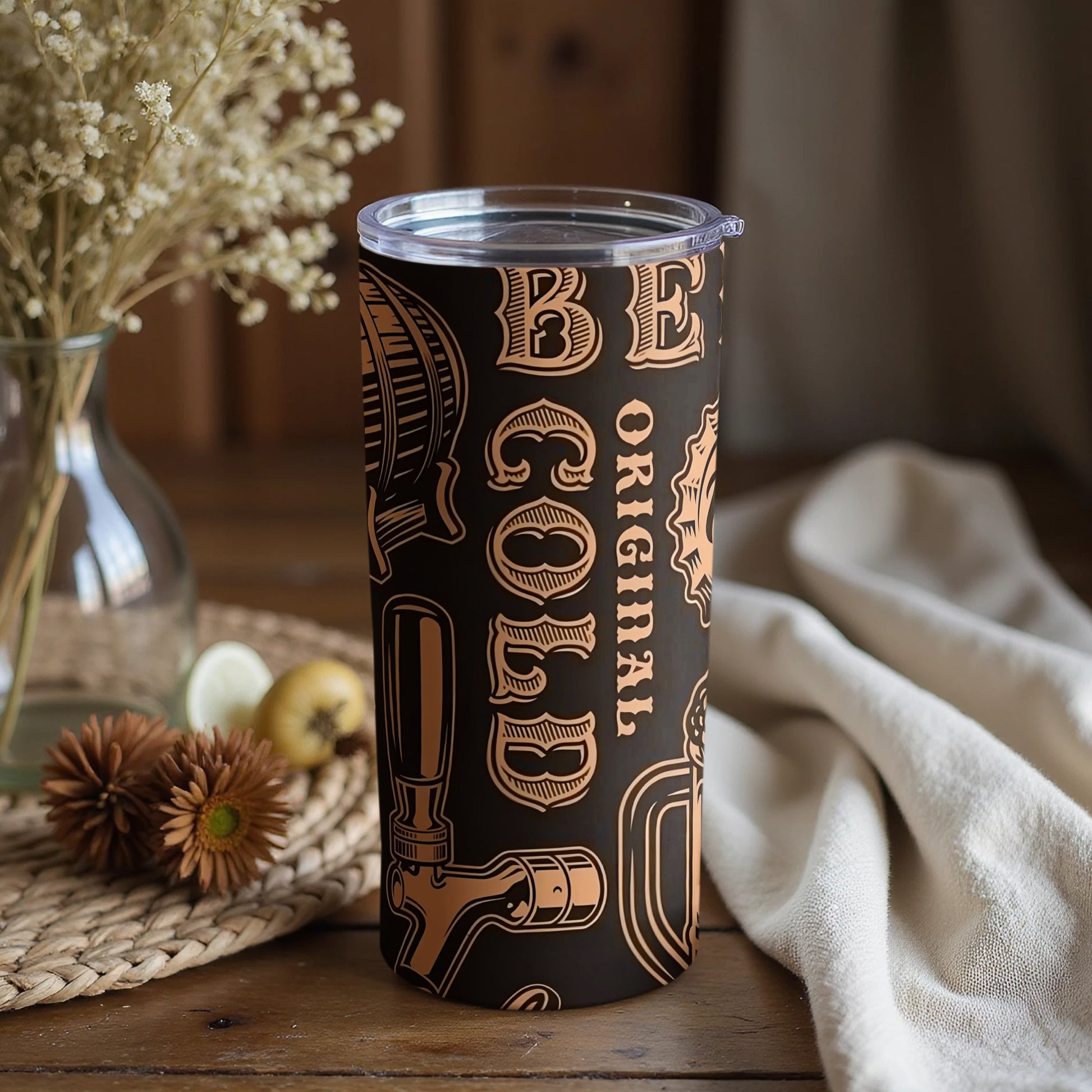 Vintage-Themed Insulated Tumbler for Hot or Cold Drinks