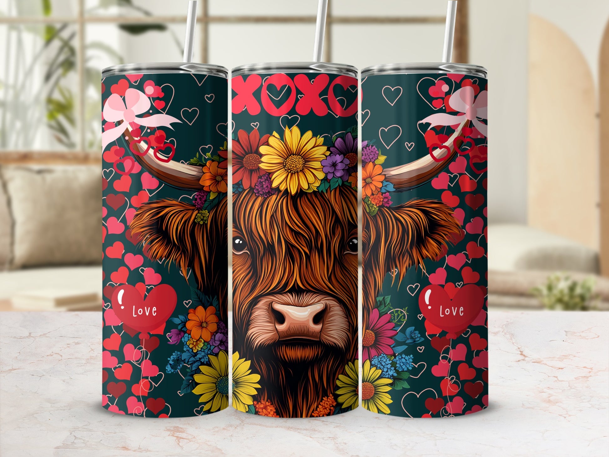 Colorful Highland Cow Hearts and Flowers Tumbler Design